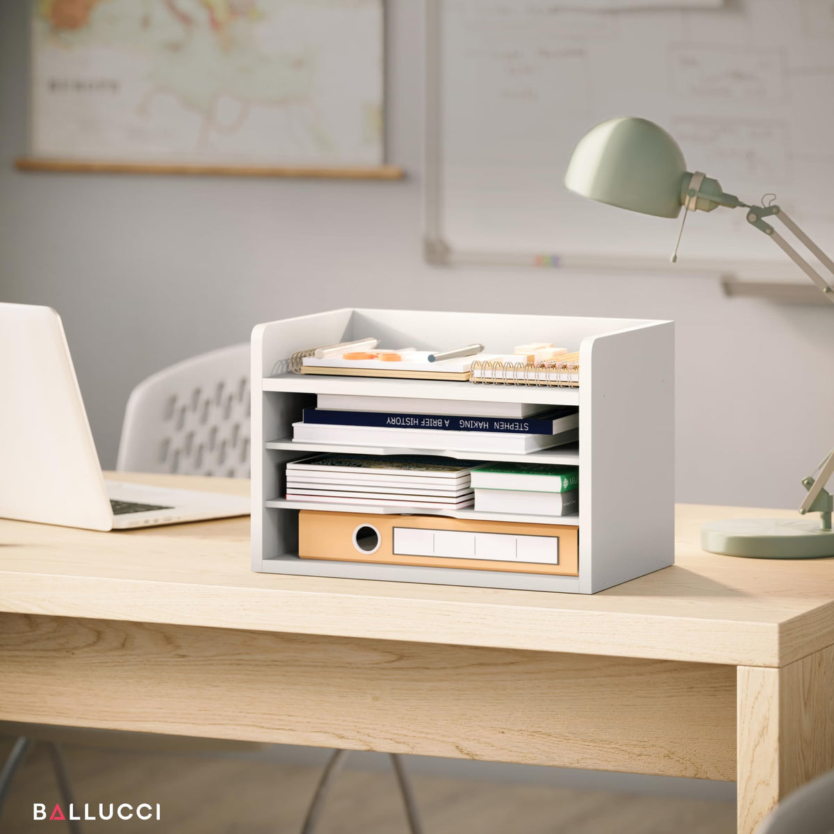 Ballucci File Organizer, 4-Tier Office Desk Organizer, Open Top Wood Paper Organizer for Classroom
