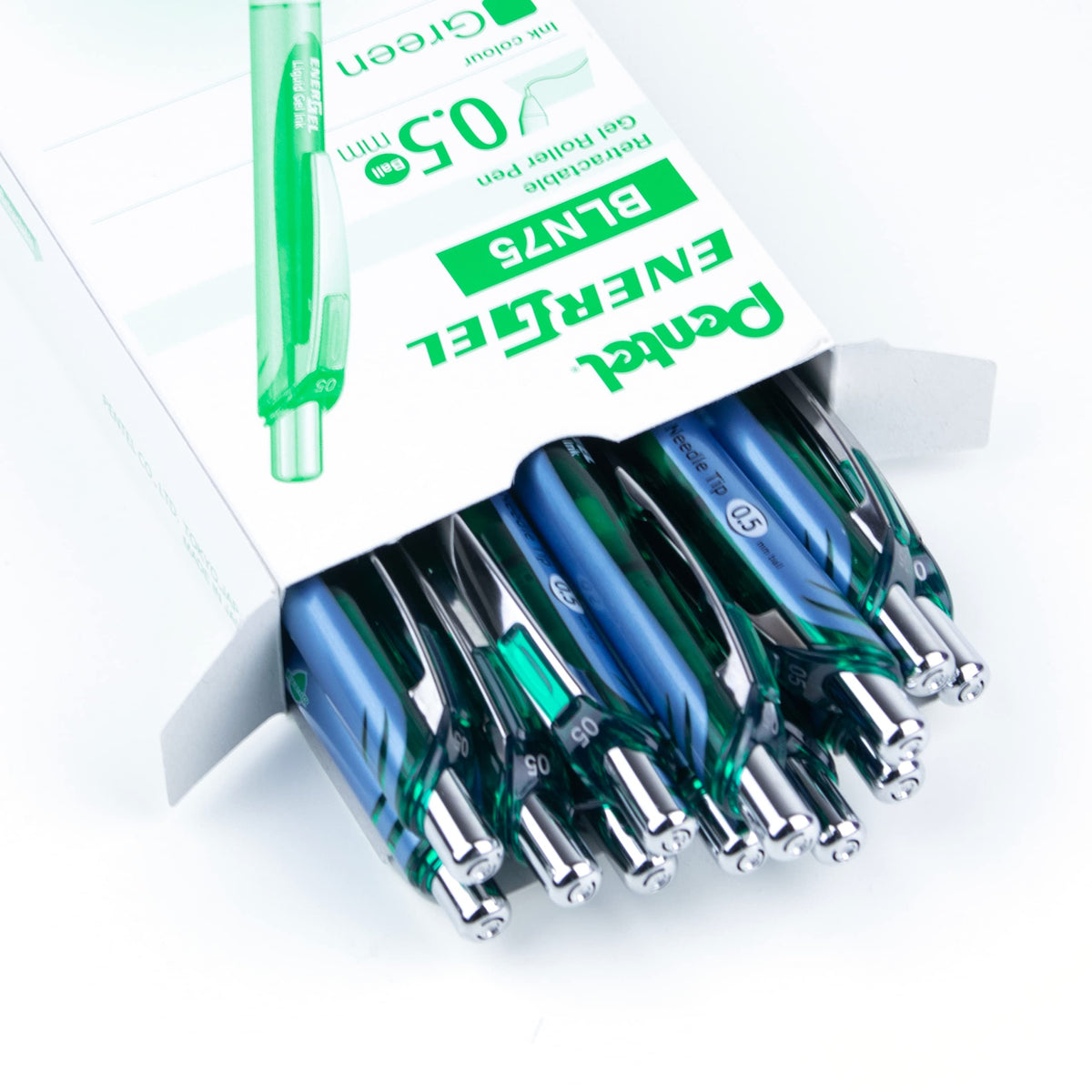 Pentel EnerGel Deluxe RTX Retractable Liquid Gel Pen, Fine Line, Needle Tip, Green Ink, Box of 12