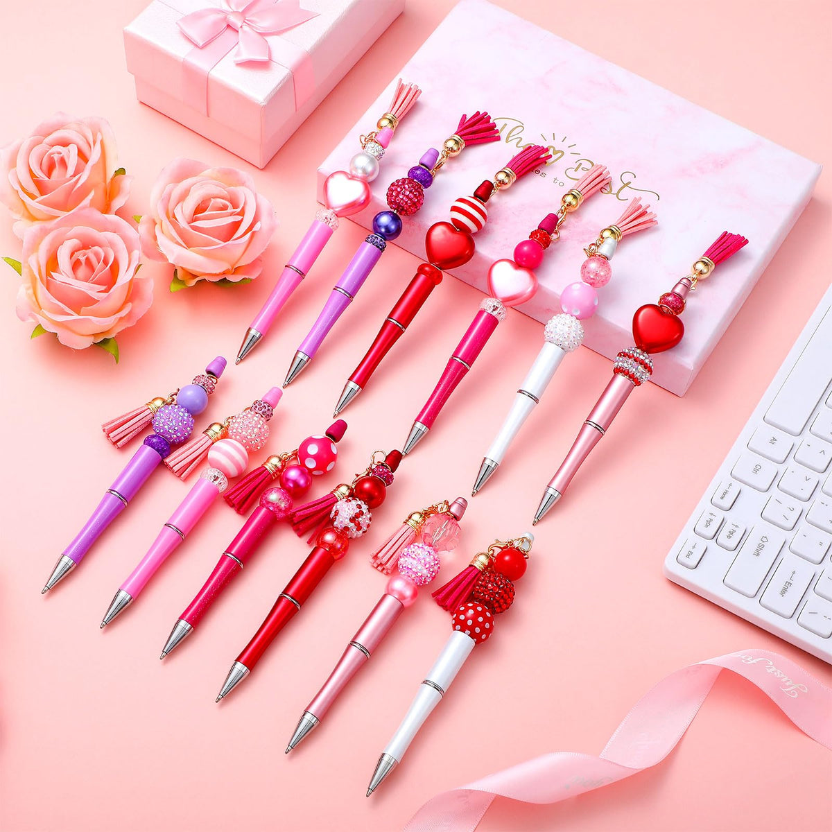 Tinlade 12 Beadable Pens Bulk with 50 Beads Multicolor DIY, Classic Style