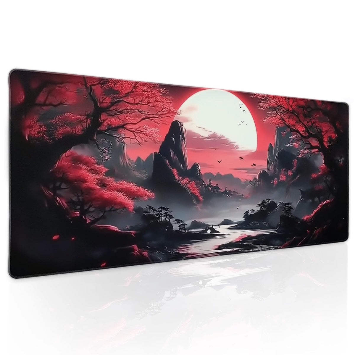 Black Red Japanese Gaming Mouse Pad XL Moon Sakura Cherry Blossom Extended Big Large Desk Mat