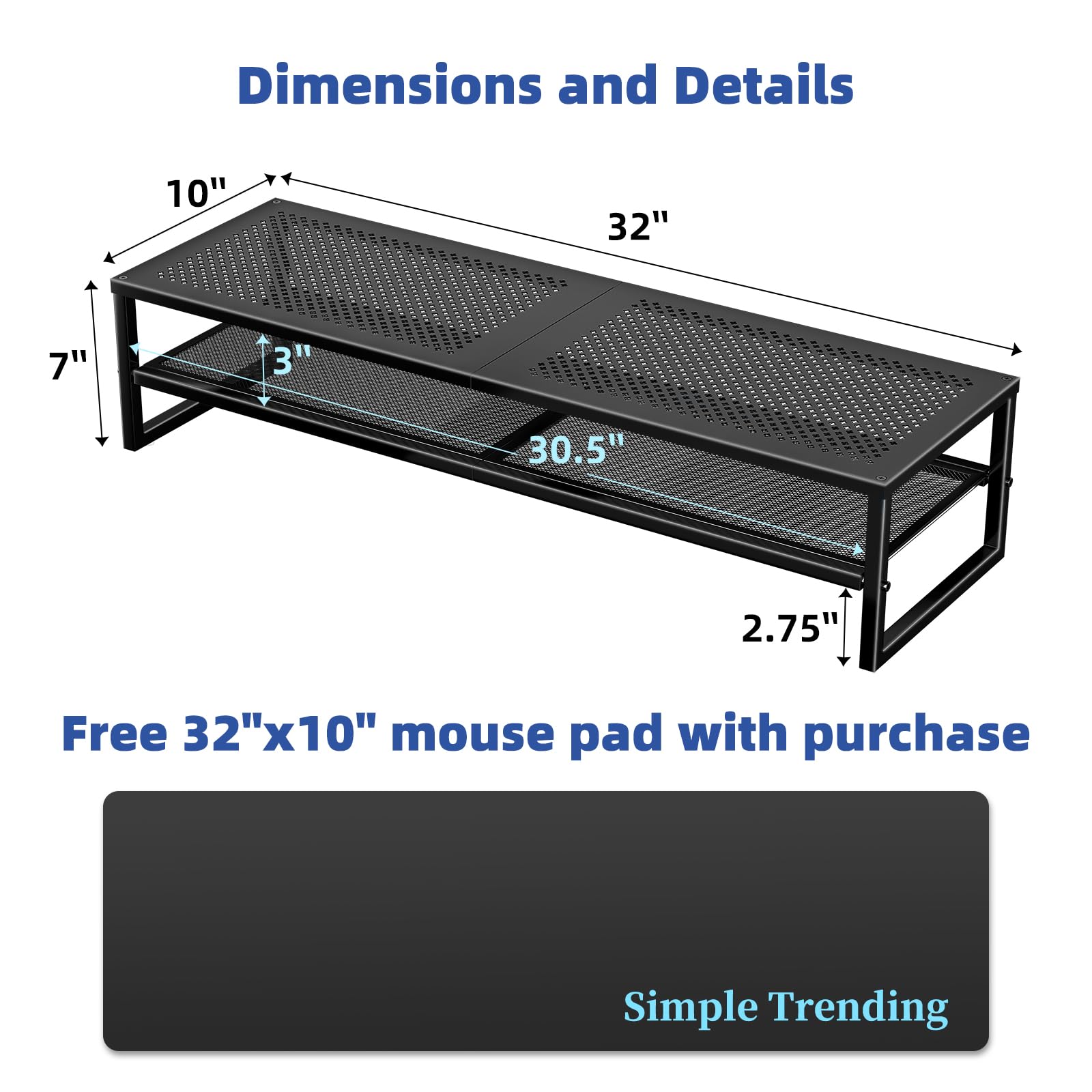 Simple Trending 2-Tier Dual Monitor Stand with Mouse Pad, Metal, Black
