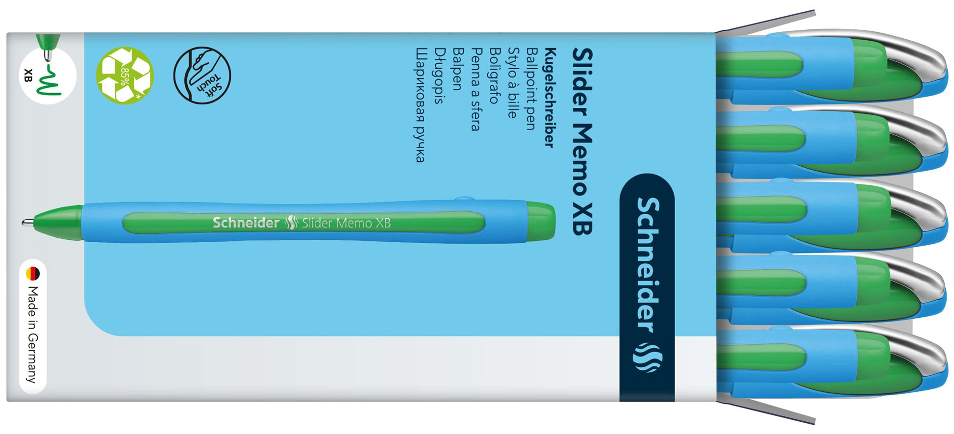 Schneider Slider Memo XB (Extra Broad) Ballpoint Pen, 1.4 mm, Light Blue Barrel, Green Ink, Box of