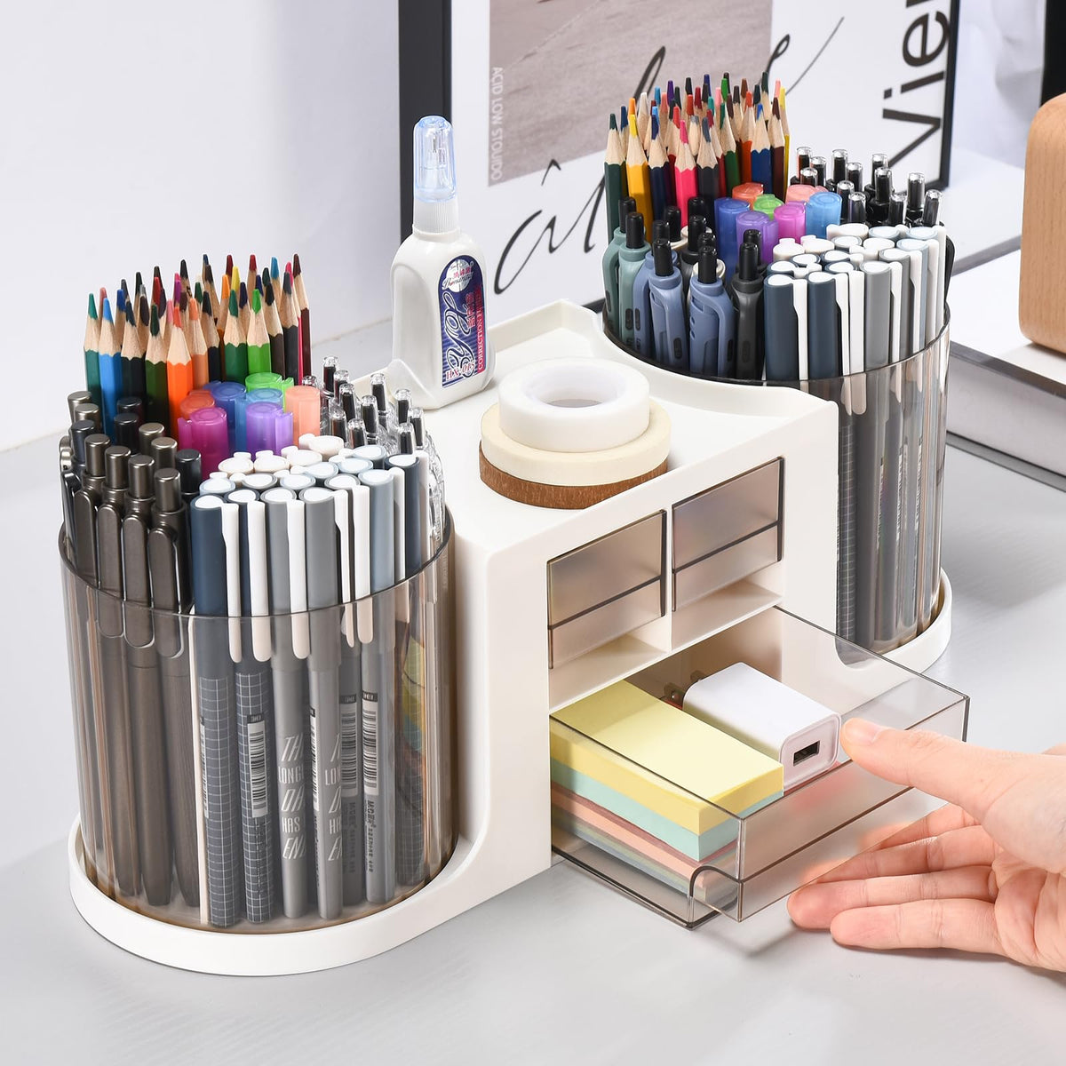KLIONGO Rotating Desk Organizer with 2 Pen Holder, Desk Organizers and Accessories with 10 Slots