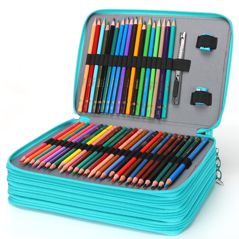 Vomgomfom 200 Slots Pencil Case 4-Layer PU Leather, Handle, Solid Green