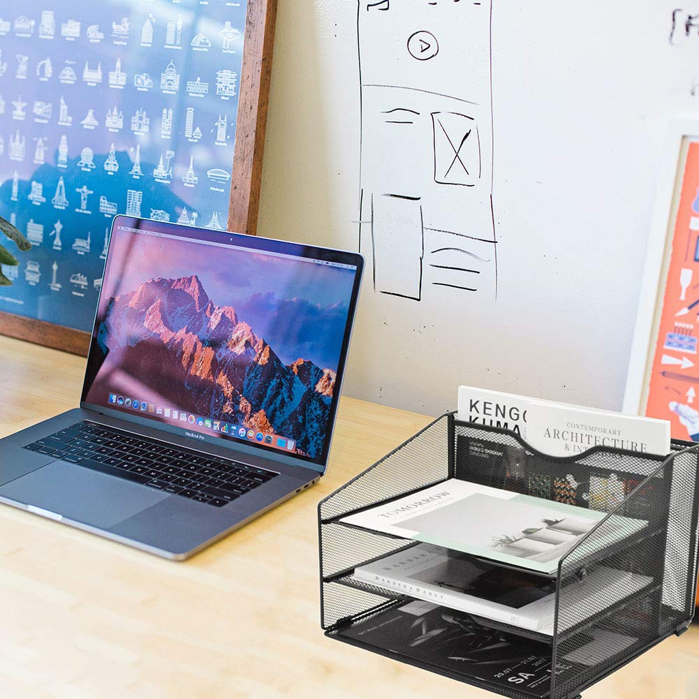 EASEPRES Mesh Desktop File Organizer, Document Mail Desk Folder Holder with 3 Paper Letter Tray and
