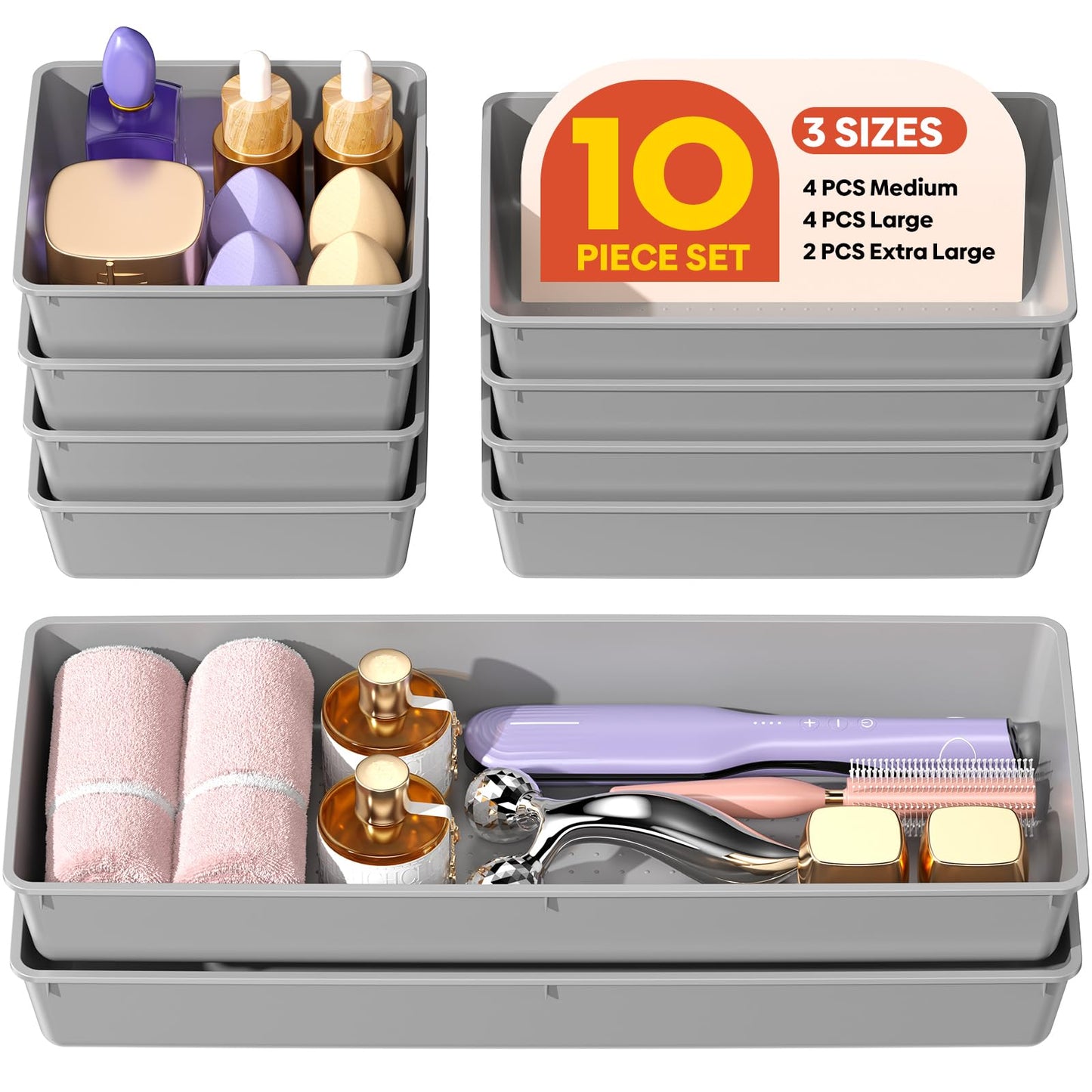 MLIKLU 10 Pack Large Size Plastic Drawer Organizers Set, 3 Sizes Desk Drawer Organizer Trays