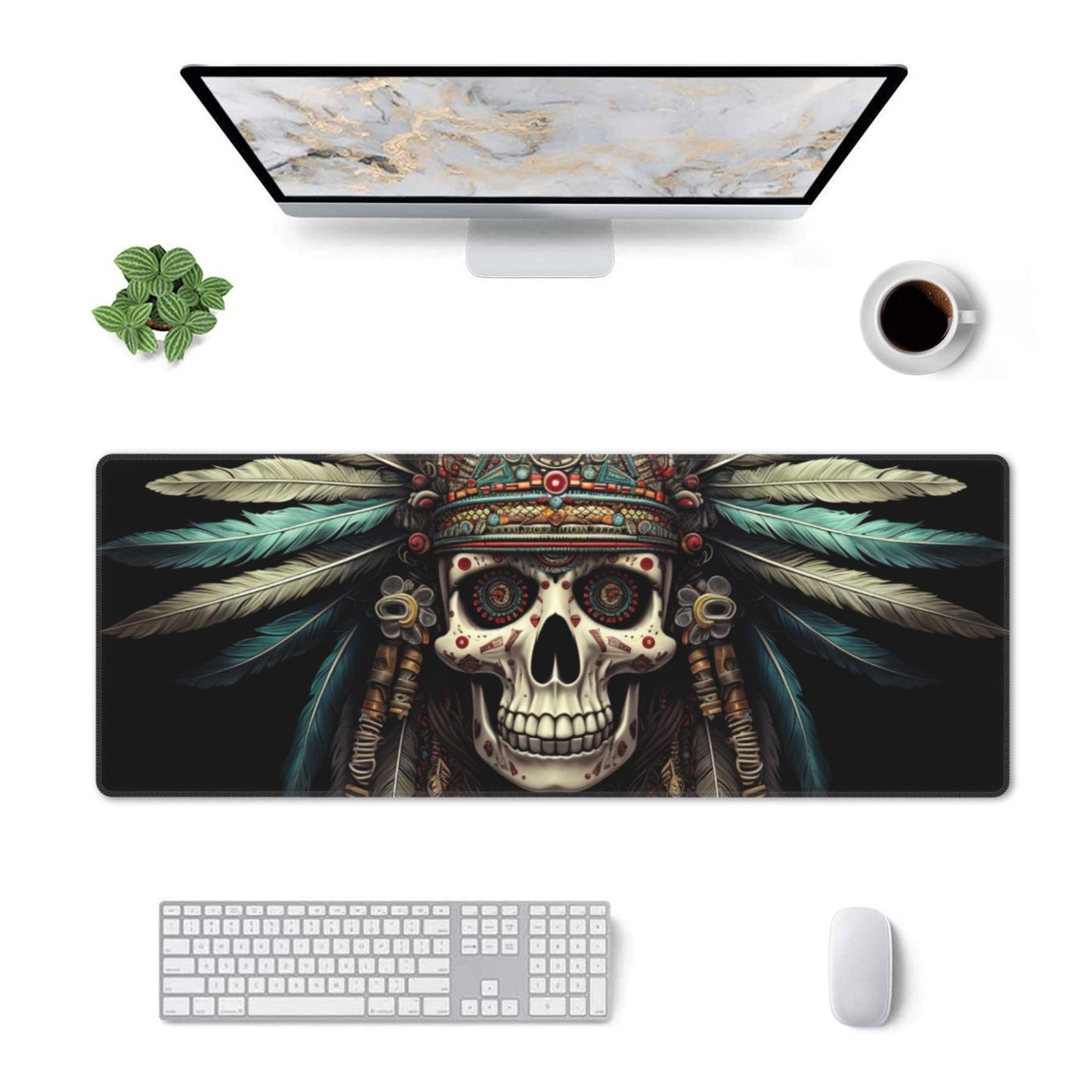 Cute Intricately Decorated Skull with Feather Headdress Pattern Mouse Pad 31.5 x 12 Inch, Non-Slip