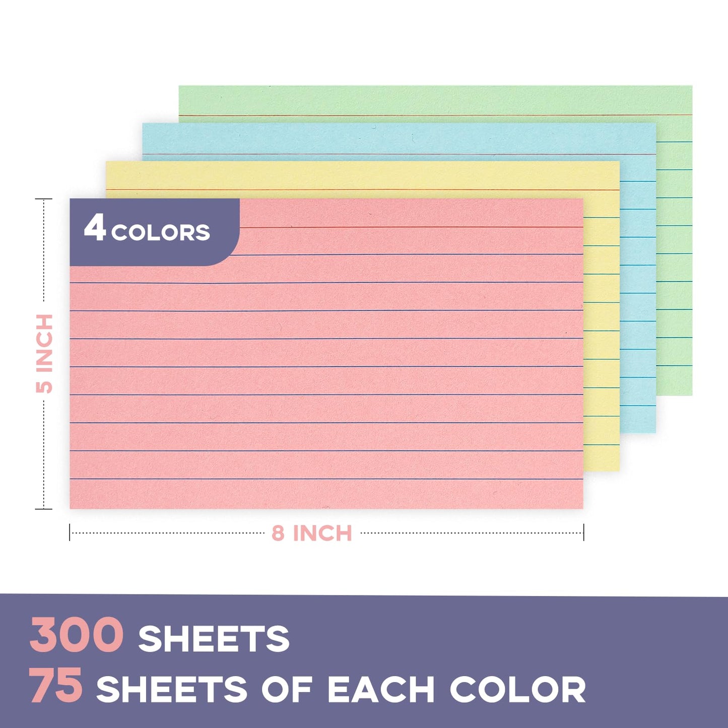 300PCS Colored Index Cards 5x8, 4 Color Note Cards Single Sided Ruled