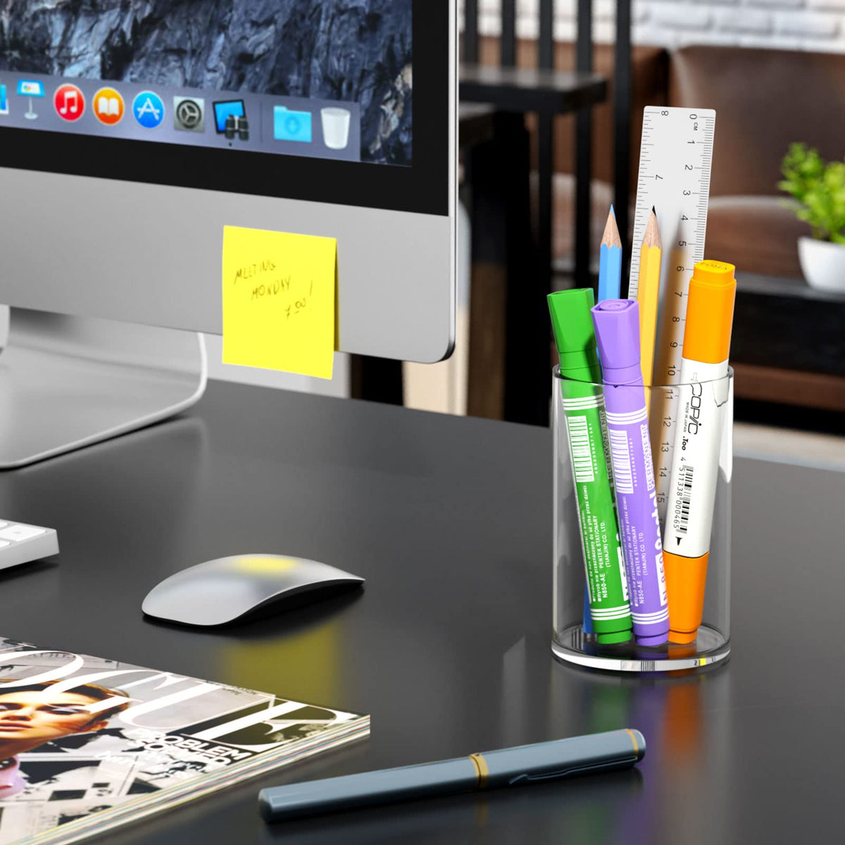 NIUBEE Acrylic Pen Holder for Desk, Clear Round Pencil Cup Organizer 4 Pack