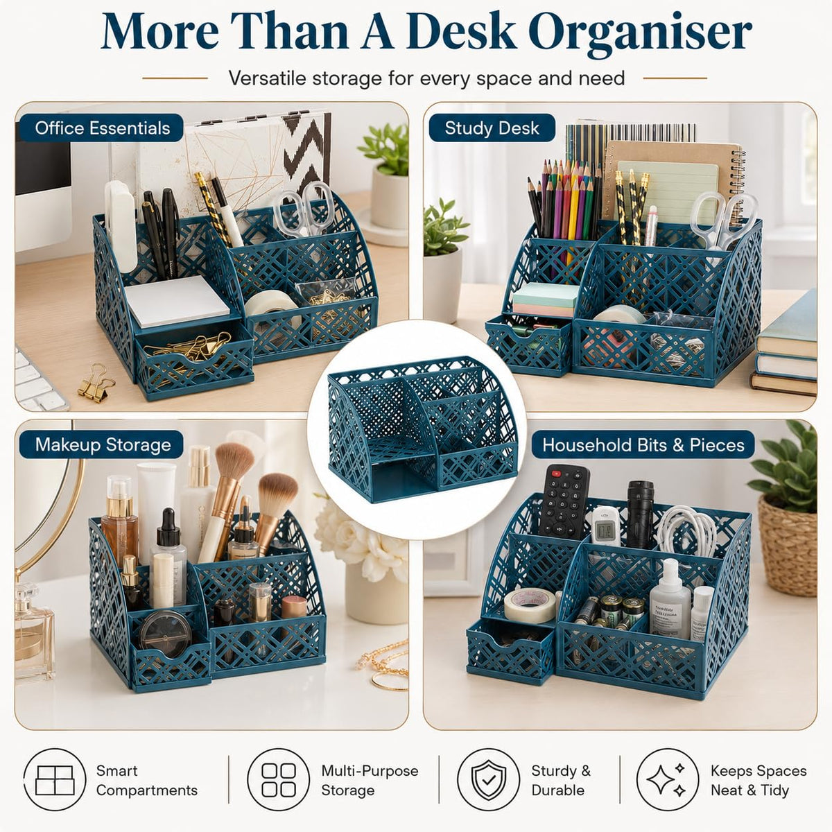 Exerz Desk Organizer Metal Mesh Caddy 7 Compartments Drawer Aegean Blue