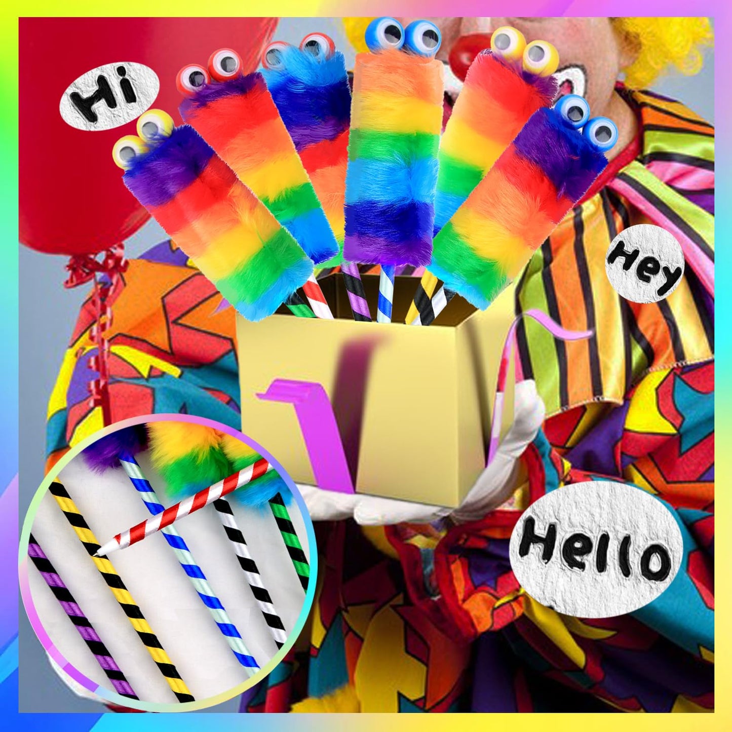 Abhay 6 Pack Big Eyes Fluffy Colorful Rainbow pom pom Pens for Girls - Party Supplies