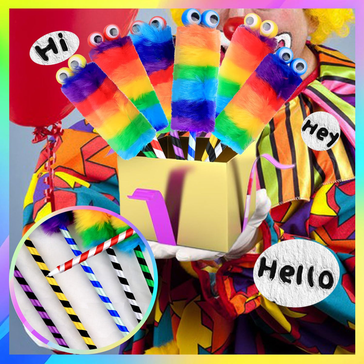 Abhay 6 Pack Big Eyes Fluffy Colorful Rainbow pom pom Pens for Girls - Party Supplies