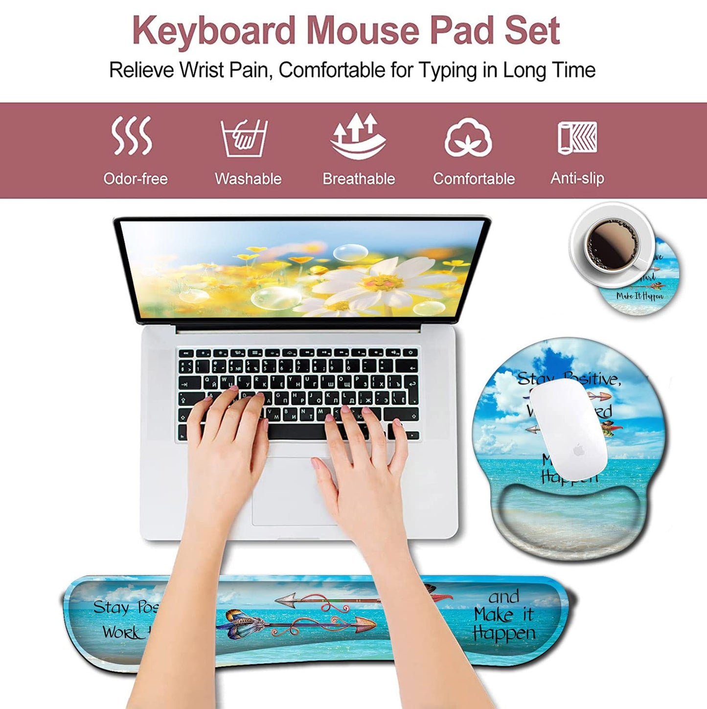 Mouse Pad Square Beach Style Anti-Slip Rubber Mousepad with Durable Stitched Edges for Gaming