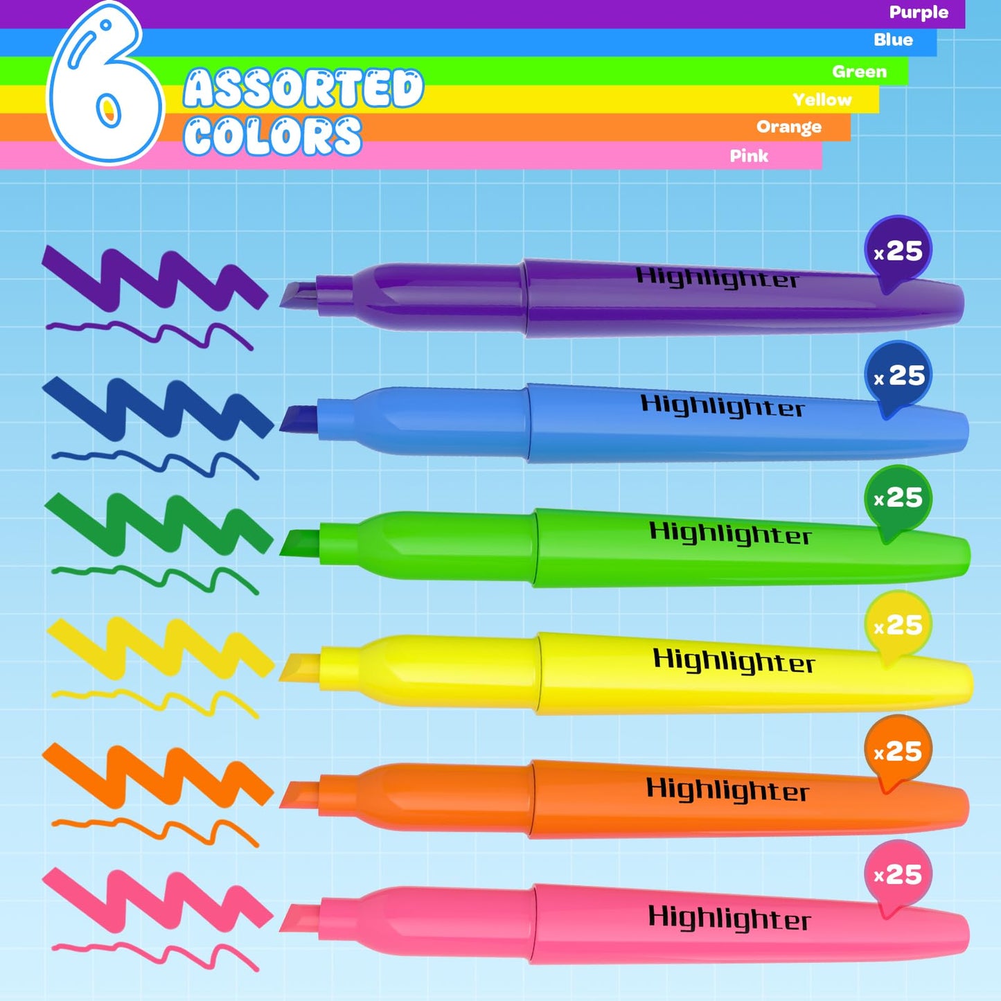 DUONIZAY 150 Count Highlighters Assorted Colors Bulk - 6 Colors Dry-Quickly No Bleed Chisel Tip
