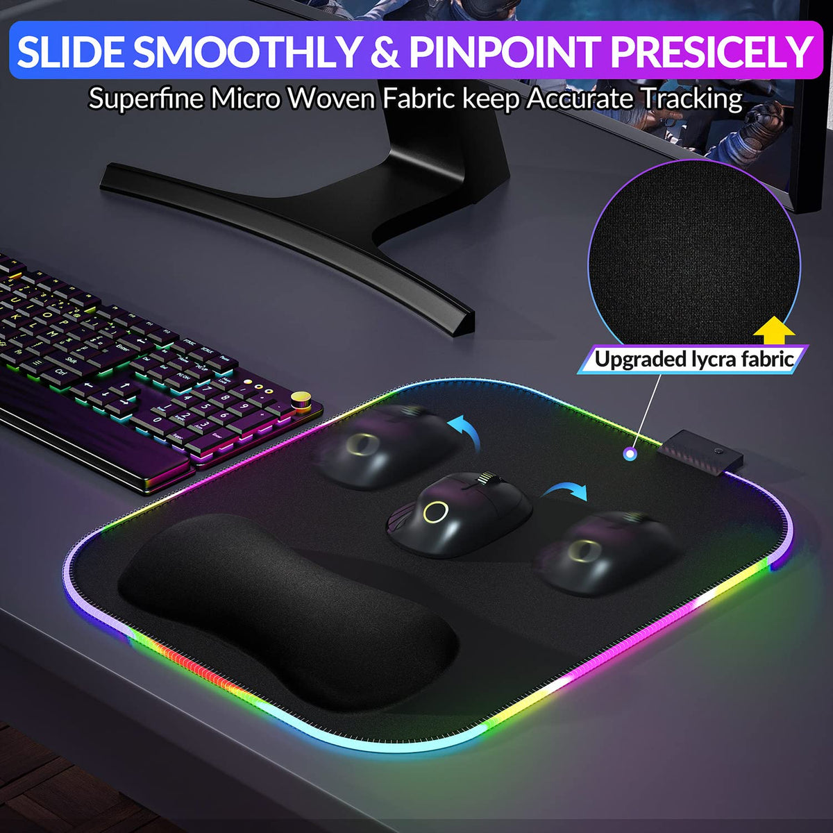 Gimars RGB Mouse Pad with Wrist Rest Support, 12 x 10 in Extra Large Ergonomic Gaming Mouse Pad