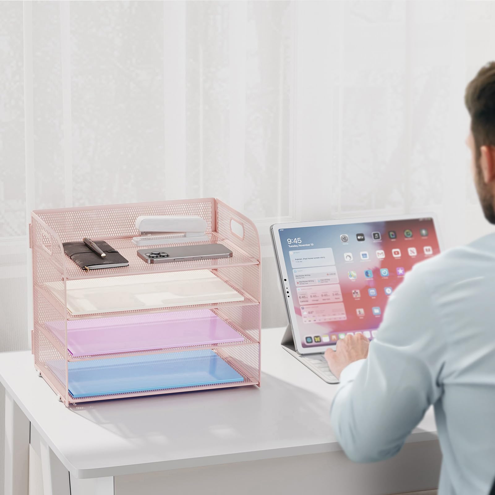 Marbrasse 2 Pack 4 Tier Paper Organizer Letter Tray - Mesh Desk File Organizer with Handle, Paper
