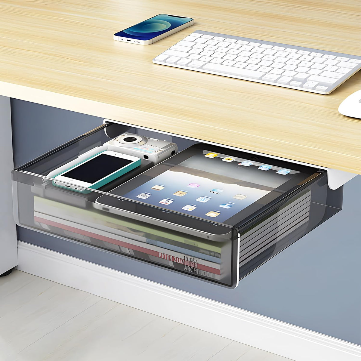 SVNNELP Large Under Desk Table Drawer Storage Organizer A4, Hidden Self-Adhesive Under Desk Pencil