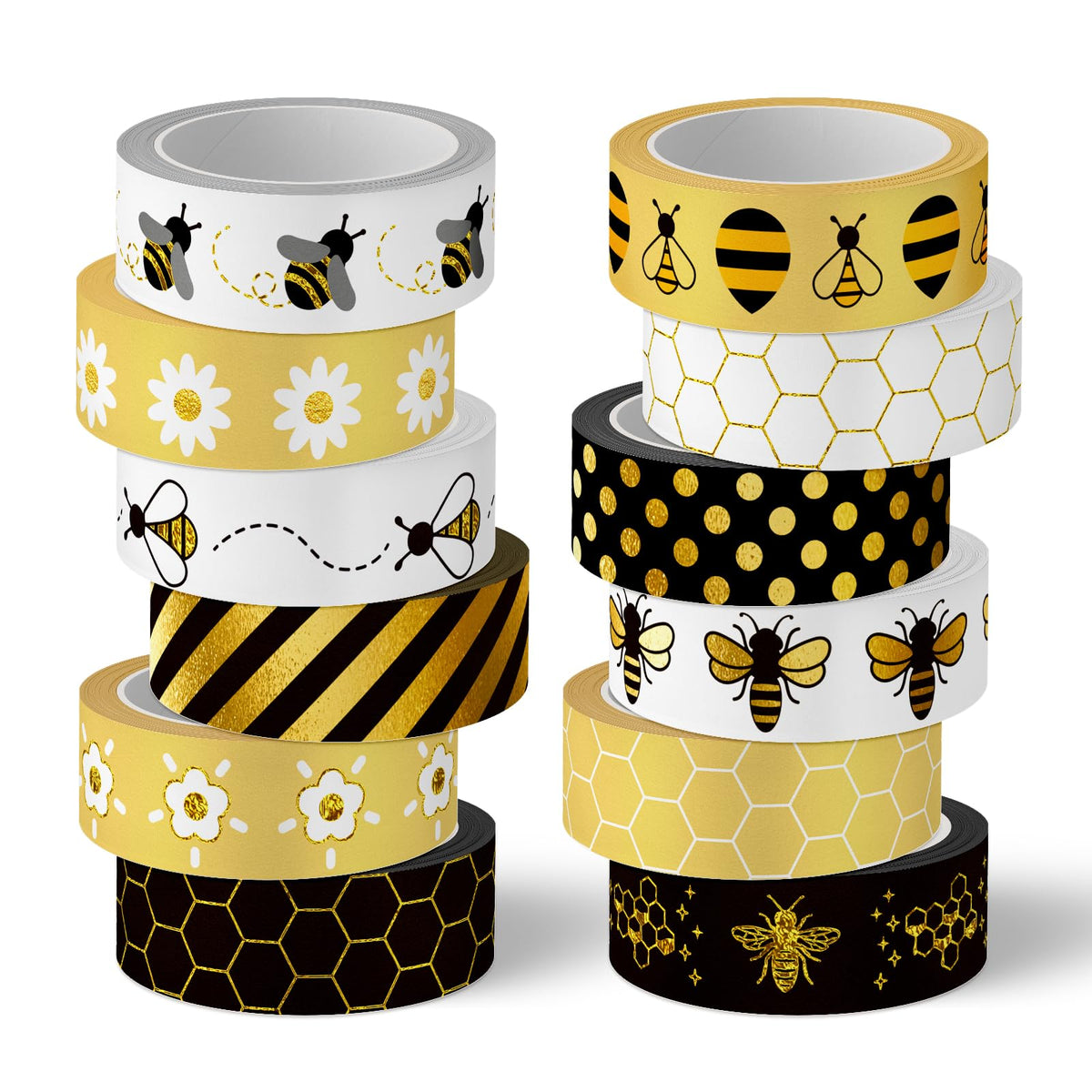 Whaline 12 Rolls Bee Washi Tape Summer Honey Bee Honeycomb Foil Gold Black Washi Masking Tape