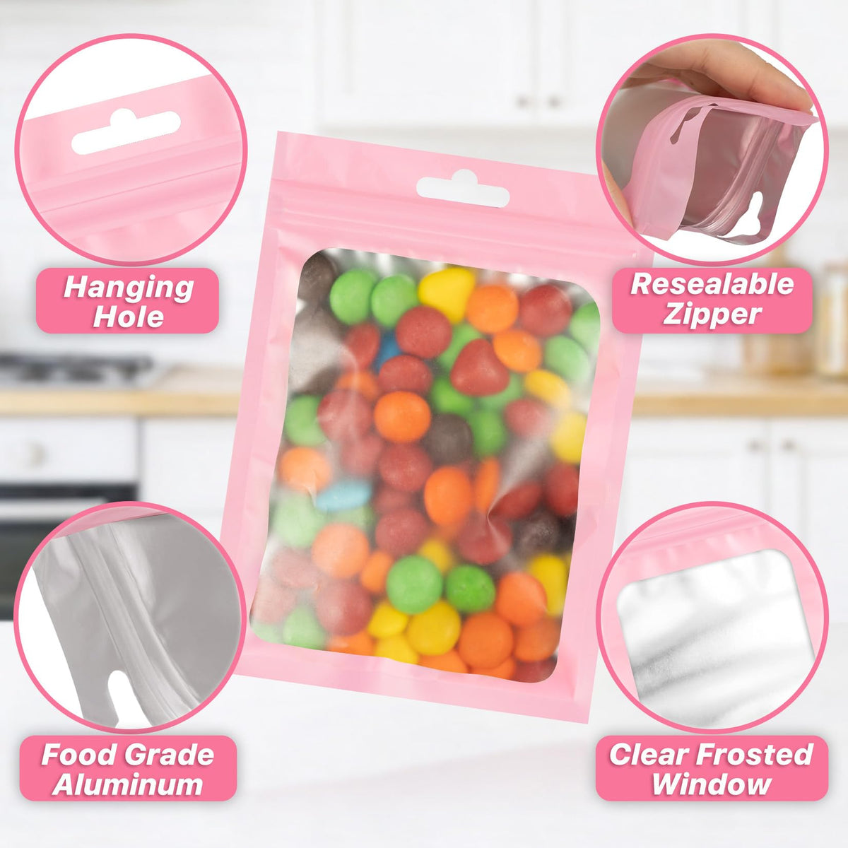 ANZNKU 100Pcs Pink Mylar Bags, Resealable Smell Proof Zip Goodie Baggies