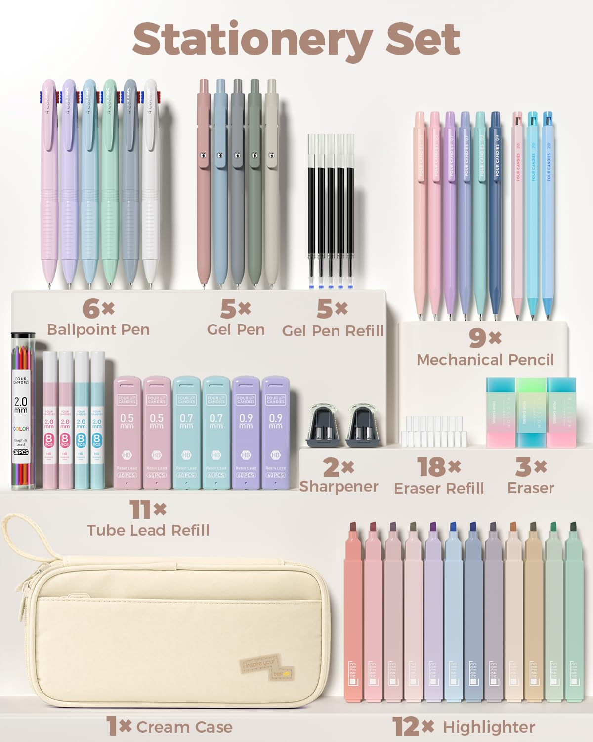 Four Candies 56 PCS Aesthetic School Supplies with Pencil Case (Cream)