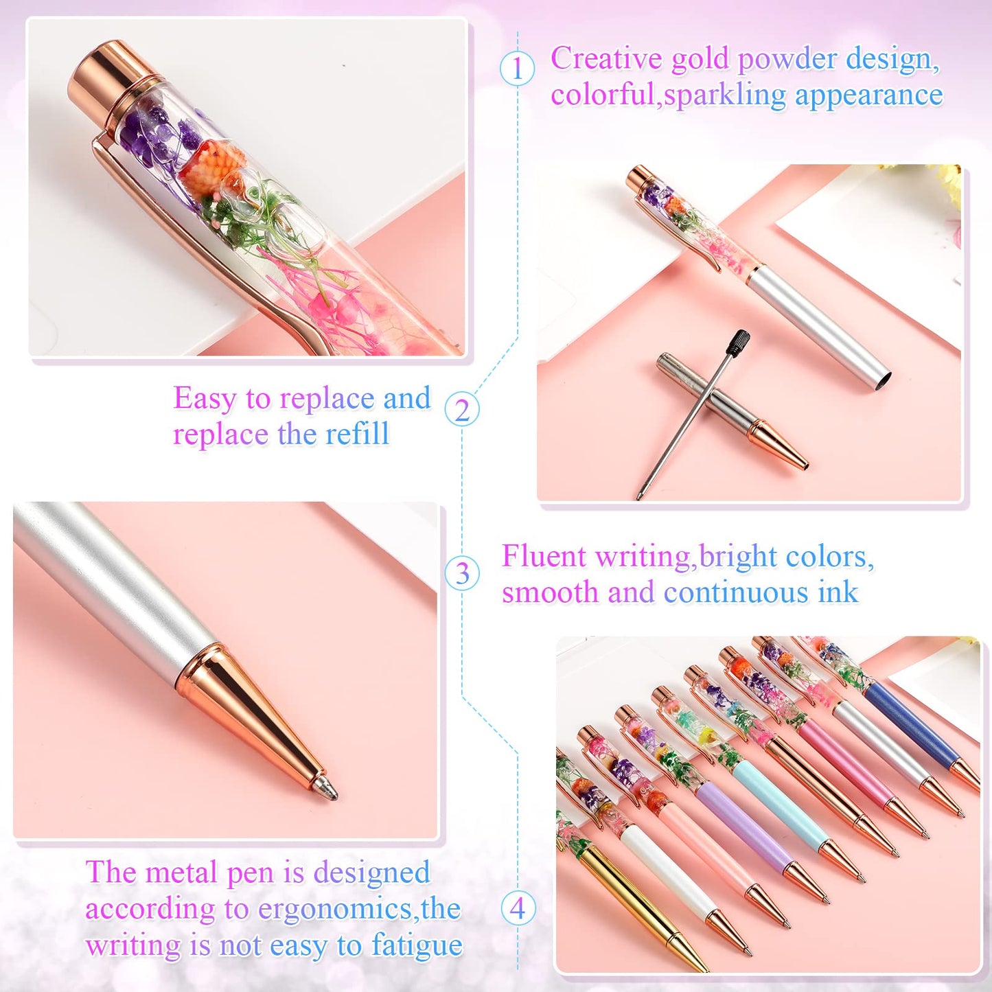 HESTYA 16 Pcs Glitter Crystal Ballpoint Pens Bulk for Women, Flower Style