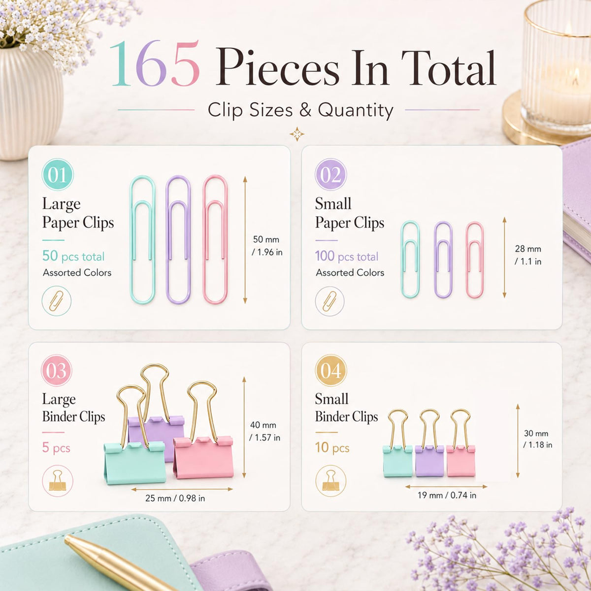 Creechwa Paper Clips and Binder Clips Set, Pastel Color, Assorted Size Clip