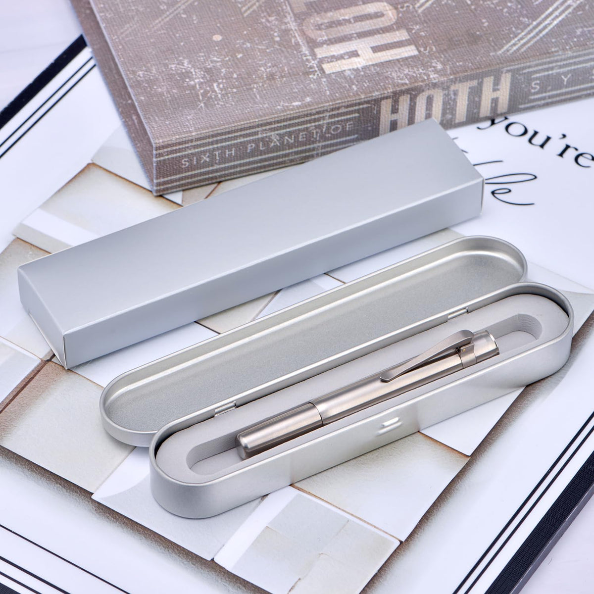 HONG DIAN M2 Titanium Mini Fountain Pen, Extra Fine Soft Nib & Sleek Shape Metal Short Pocket