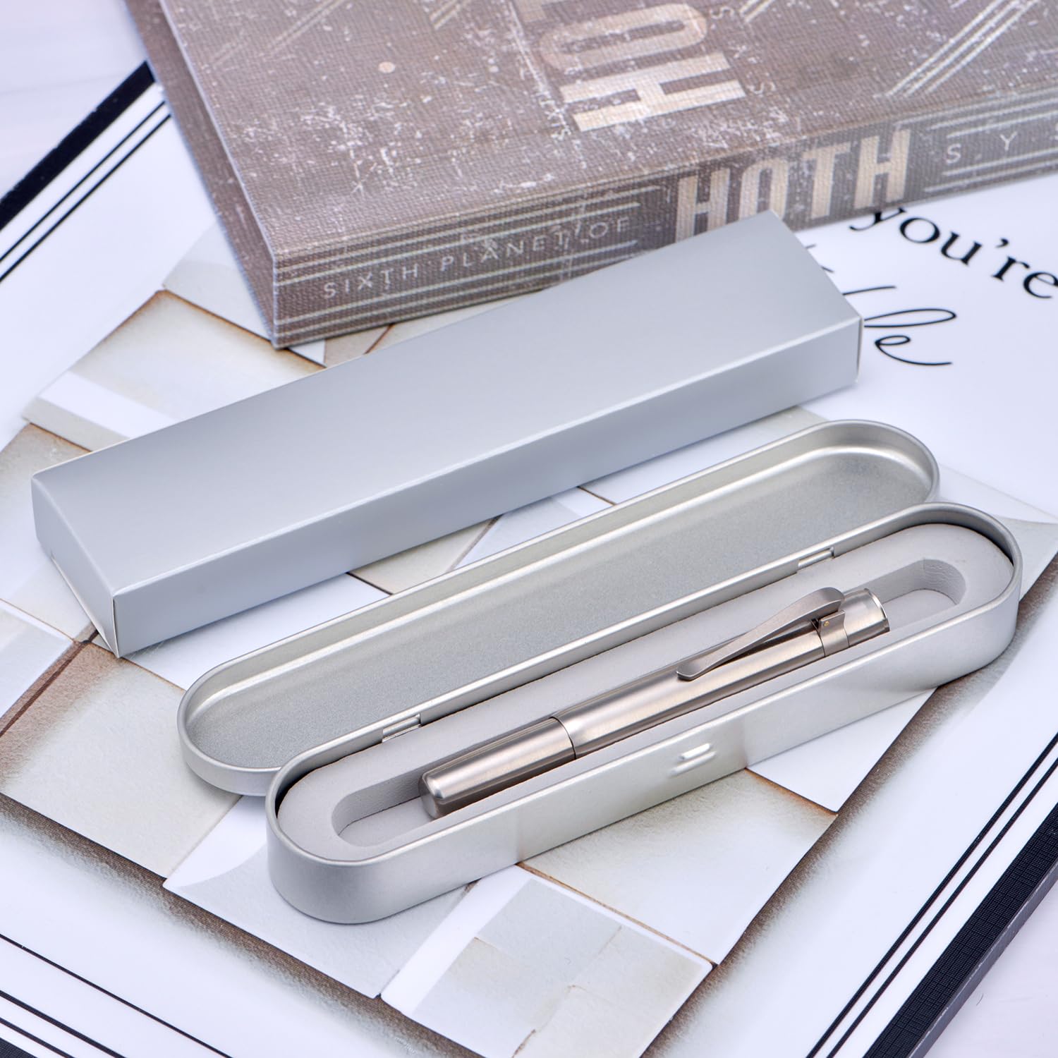 HONG DIAN M2 Titanium Mini Fountain Pen, Extra Fine Soft Nib & Sleek Shape Metal Short Pocket