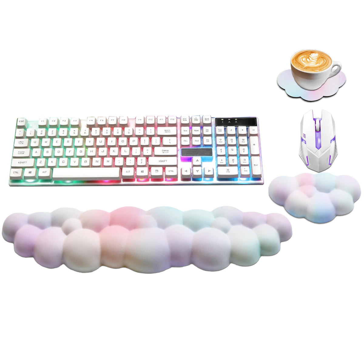 Cloud Wrist Rest Keyboard, Ergonomic Keyboard Wrist Rest Pad Set, Rainbow