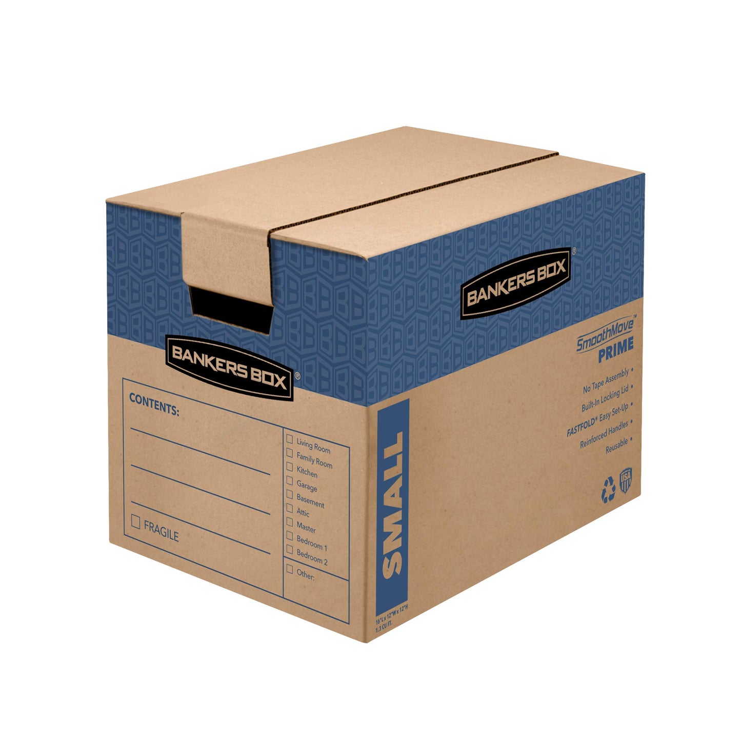 Bankers Box Small Prime Moving Box 5 Pack, Reinforced Handles, Tape-Free Assembly, Attached Lid