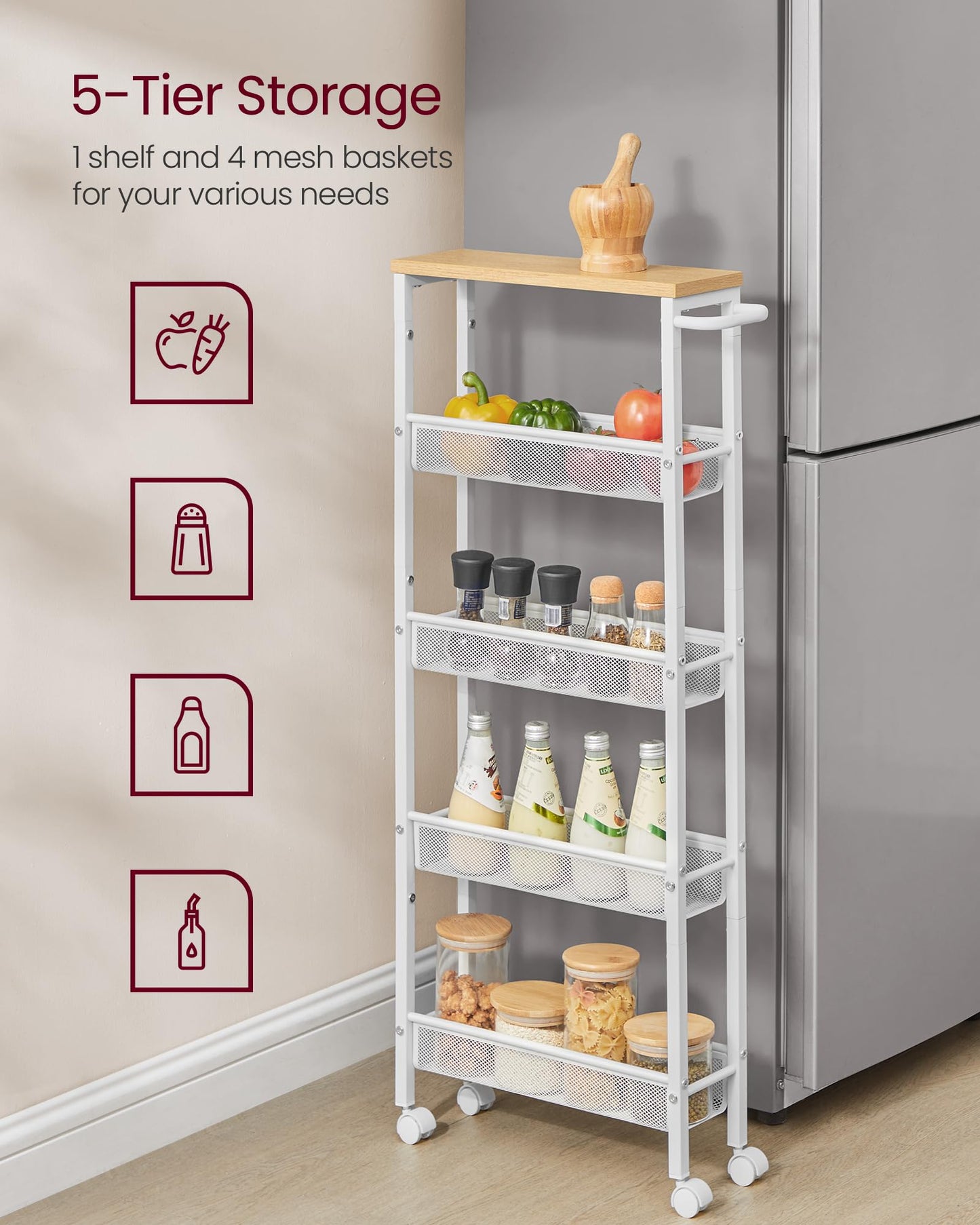 VASAGLE 5-Tier Slim Rolling Storage cart with Wheels, 5.1 Inches, Metal