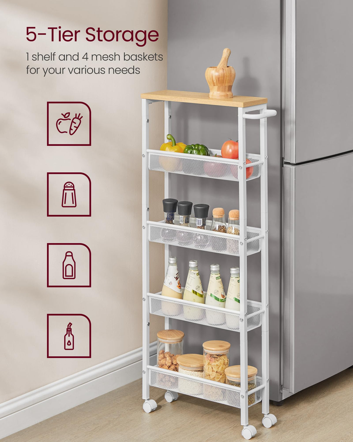 VASAGLE 5-Tier Slim Rolling Storage cart with Wheels, 5.1 Inches, Metal