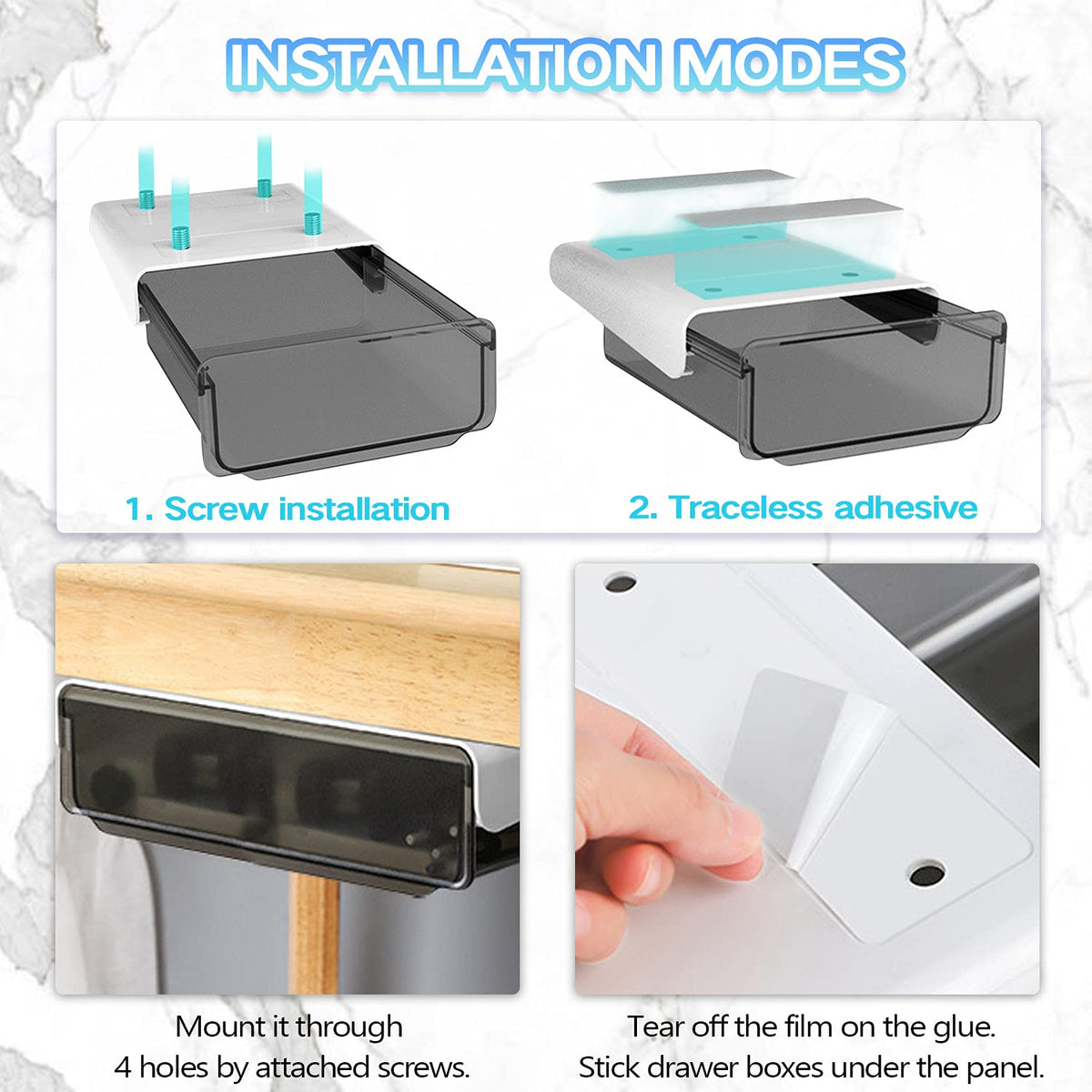 OSPNIEEK Self-adhesive Under Desk Drawer Organizer, 2 Pack Table Hidden Slide Out Large Storage