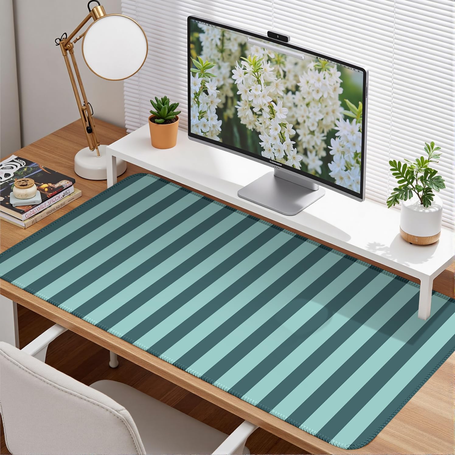 Teal Blue Striped Desk Mat Cute Pastel XXL Large Gaming Mouse Pad Desk Pad Kawaii Cozy Aesthetic