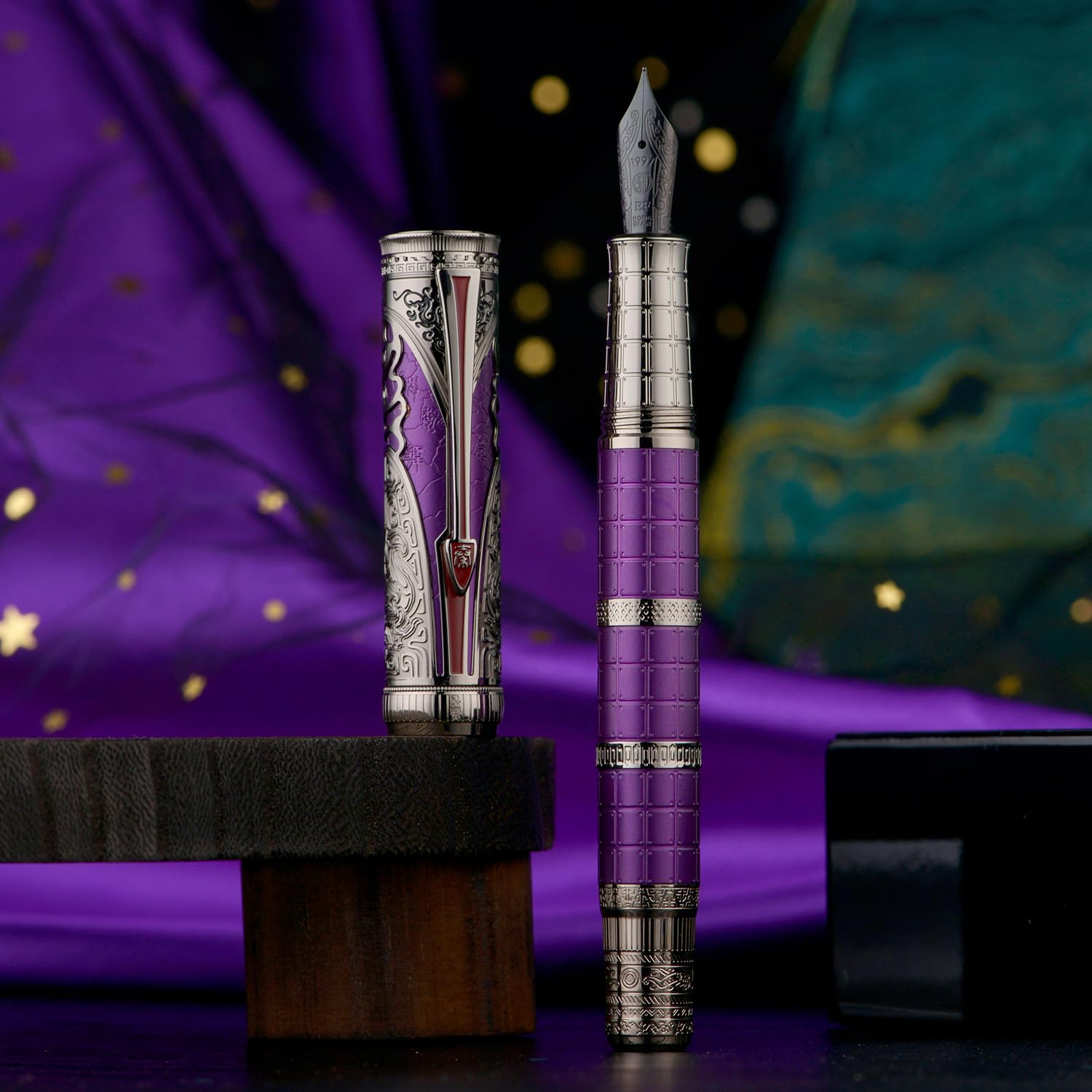 Hongdian D5X Fountain Pen Purple Color Fine Nib, Qin Dynasty Retro Chinese Totem Engraving Smooth