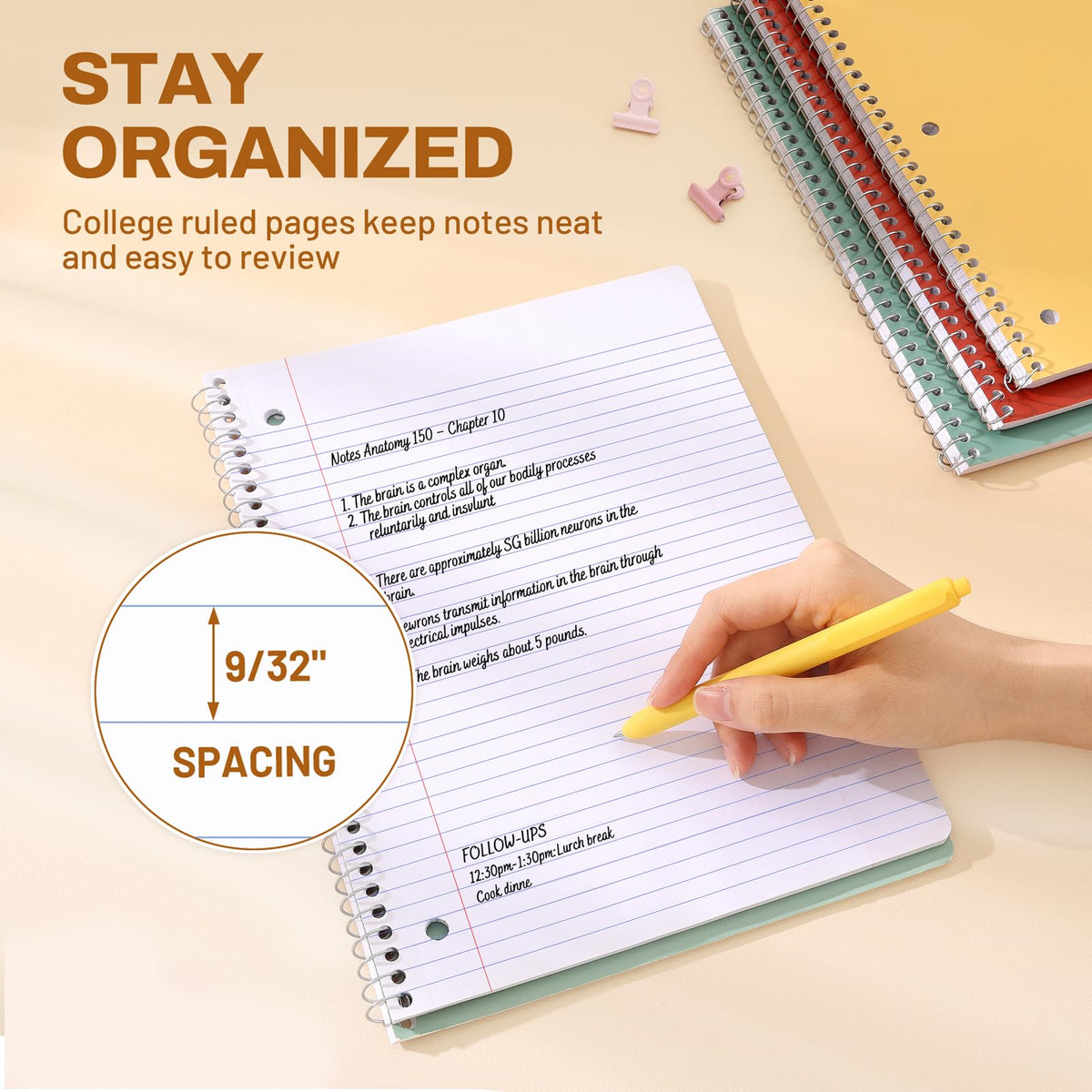 SUNEE Spiral Notebooks, 3 Pack, 1-Subject, College Ruled Paper, 8" x 10-1/2", 70 Sheets per