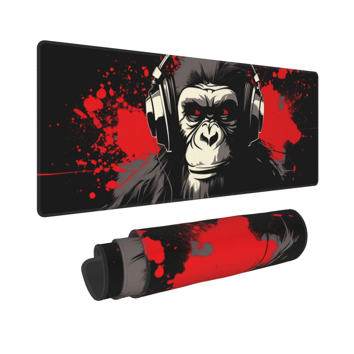 Stylish Gorilla with Headphones Against Themed Mouse Pad 31.5 x 12 Inch, Anti-Slip Rubber Base
