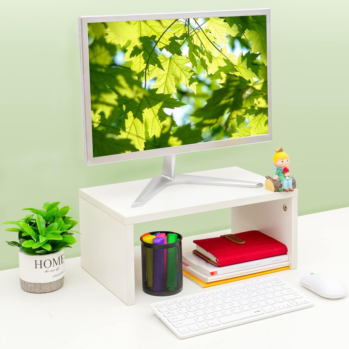 TEAMIX White Monitor Stand - 6.7 inch Tall, Wood Riser, Desk Organization