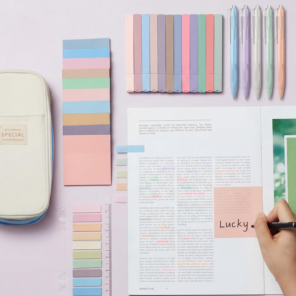 Jutom 39 Pcs Aesthetic Book Annotation Kit,Light Blue,Cute Style