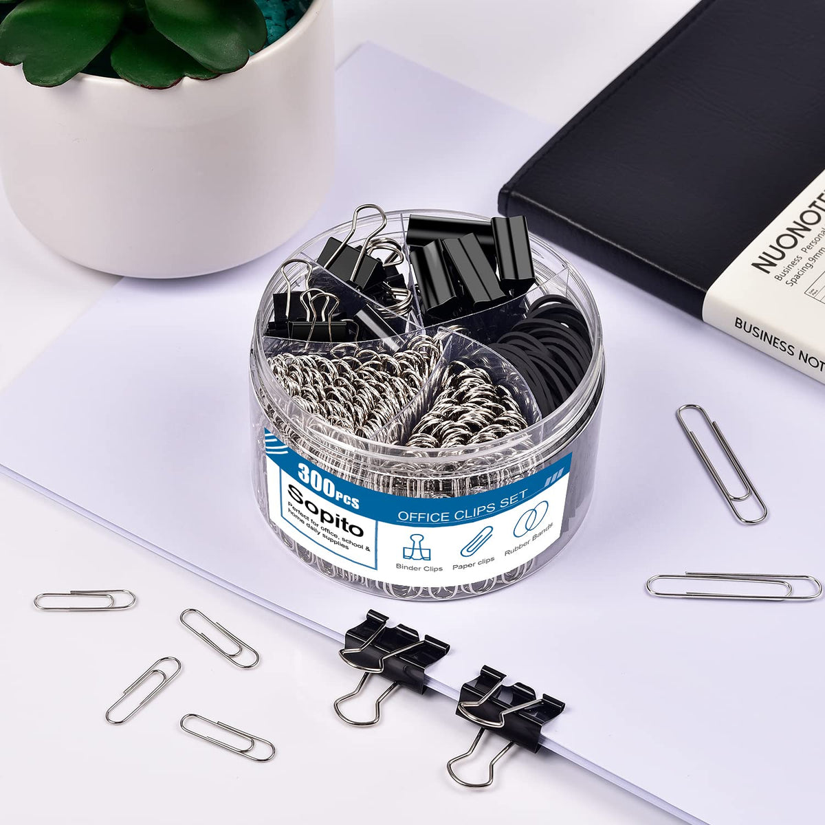 Sopito 300pcs Paper Clips, Binder Clips & Rubber Bands, Black