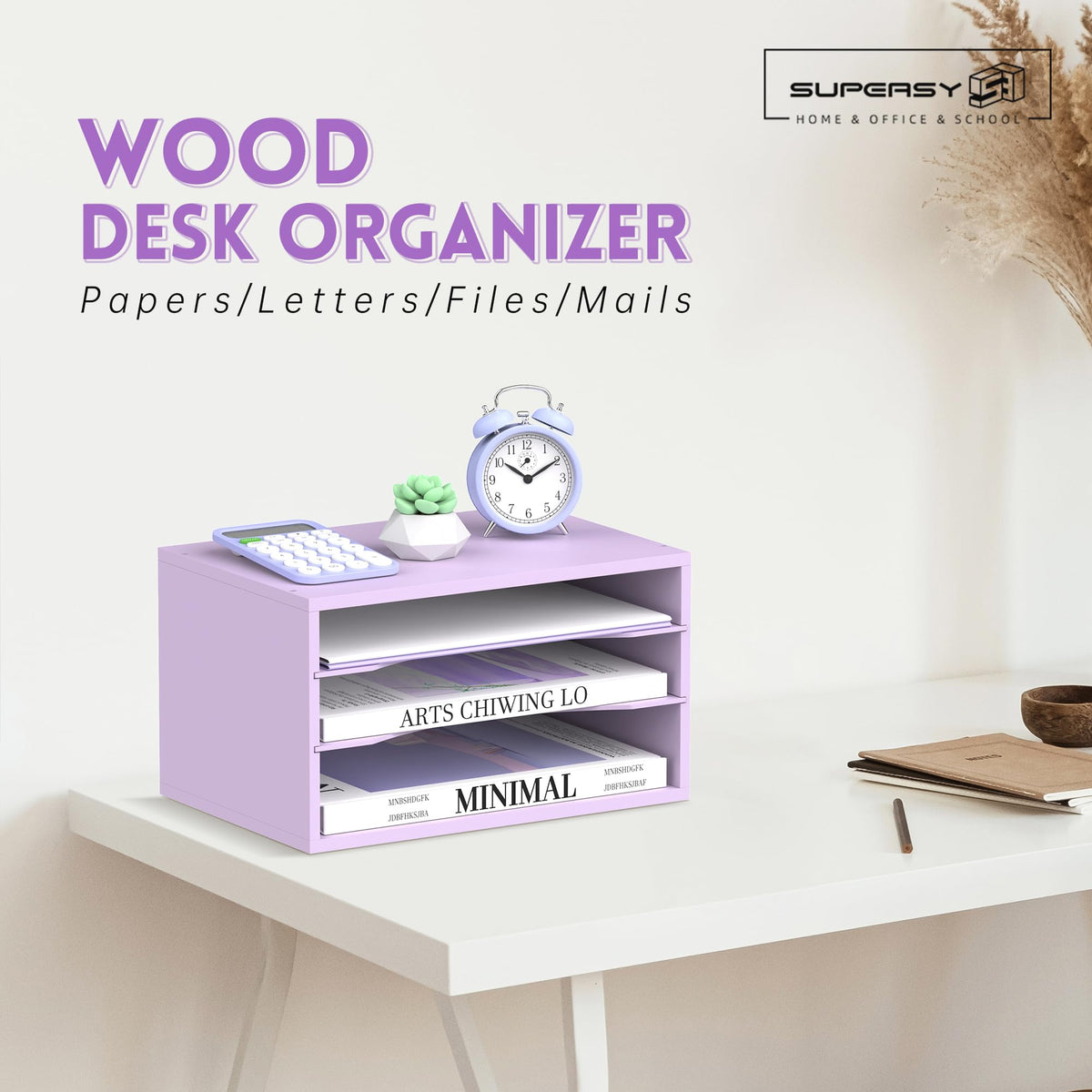 3 Tier Wood Desk Organizer, Paper Organizer for Desk, Purple