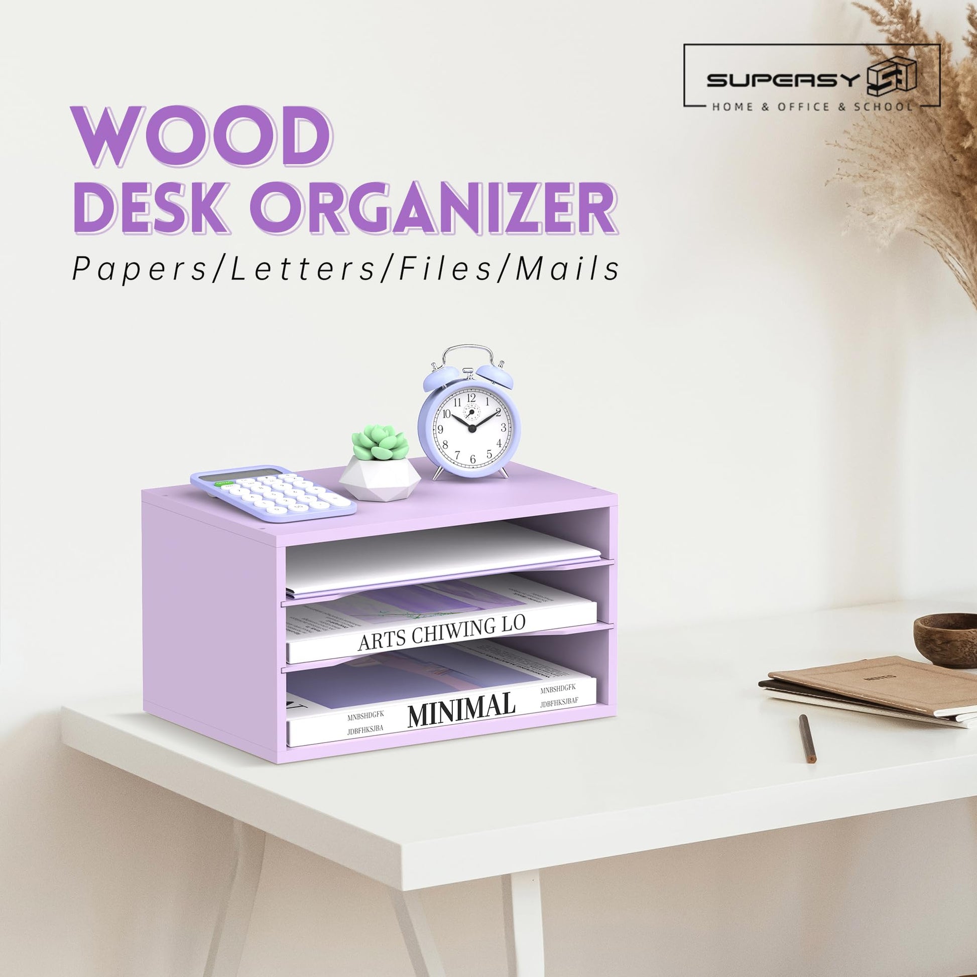 3 Tier Wood Desk Organizer, Paper Organizer for Desk, Purple