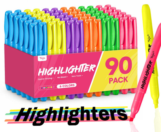 Taja 90 Pack Highlighters, Assorted 6 Colors, Chisel Tip with No Bleed Ink