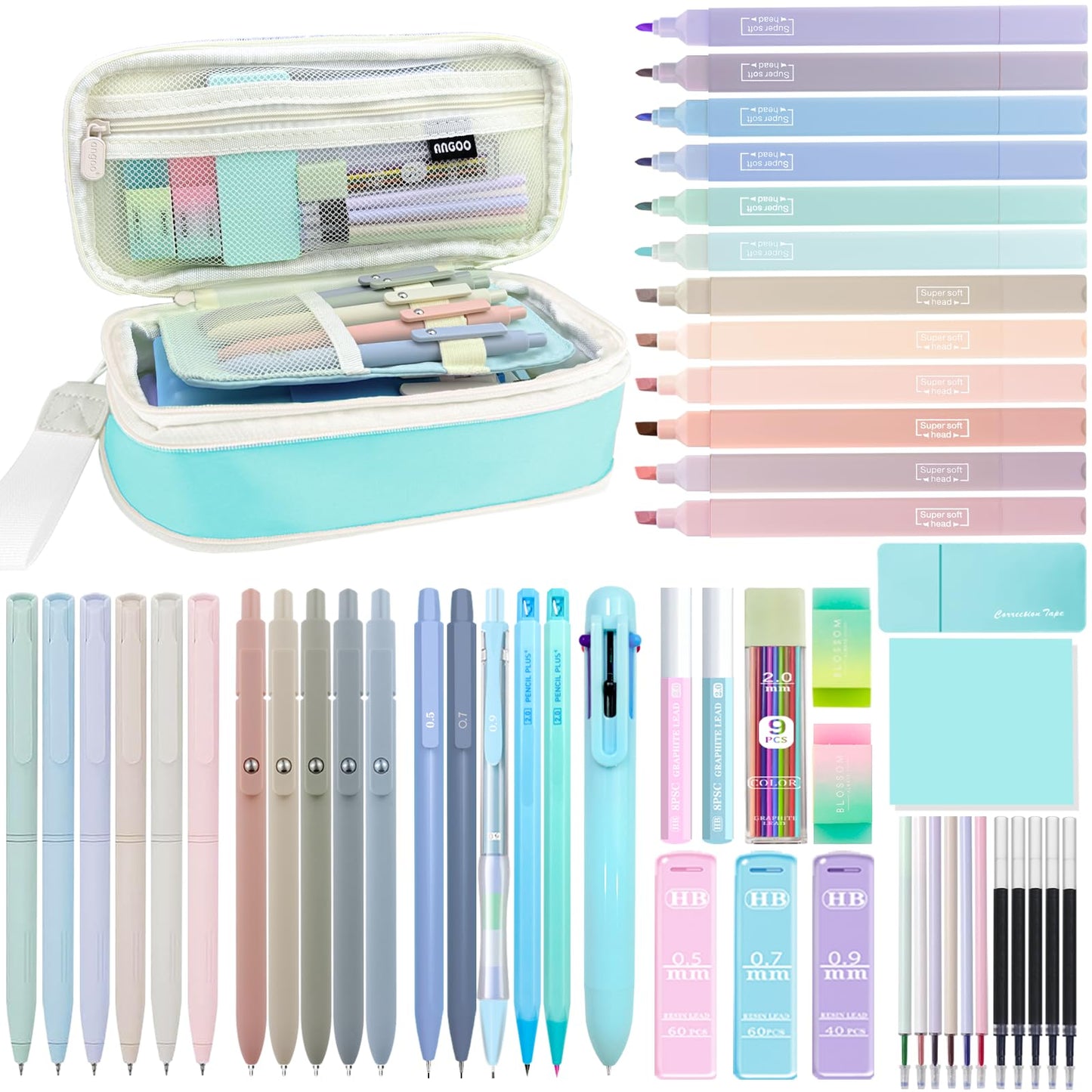 JIZHIYUAN 54PC Aesthetic School Supplies with Blue Pencil Case for Students