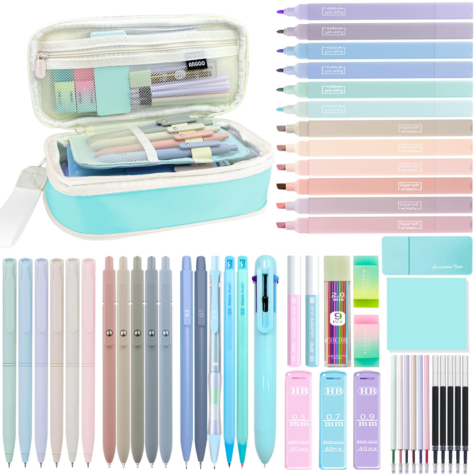JIZHIYUAN 54PC Aesthetic School Supplies with Blue Pencil Case for Students