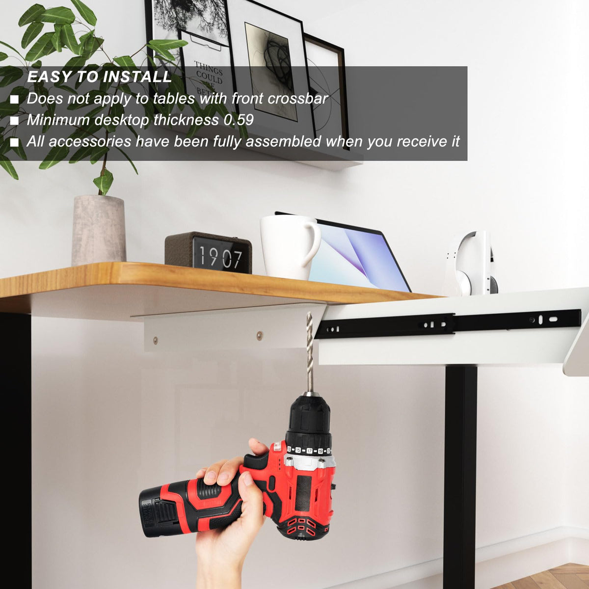 White Under Desk Drawer with Removable Tray, 22.4" Wide 2-in-1 Organizer – 60° Ergonomic Tilt