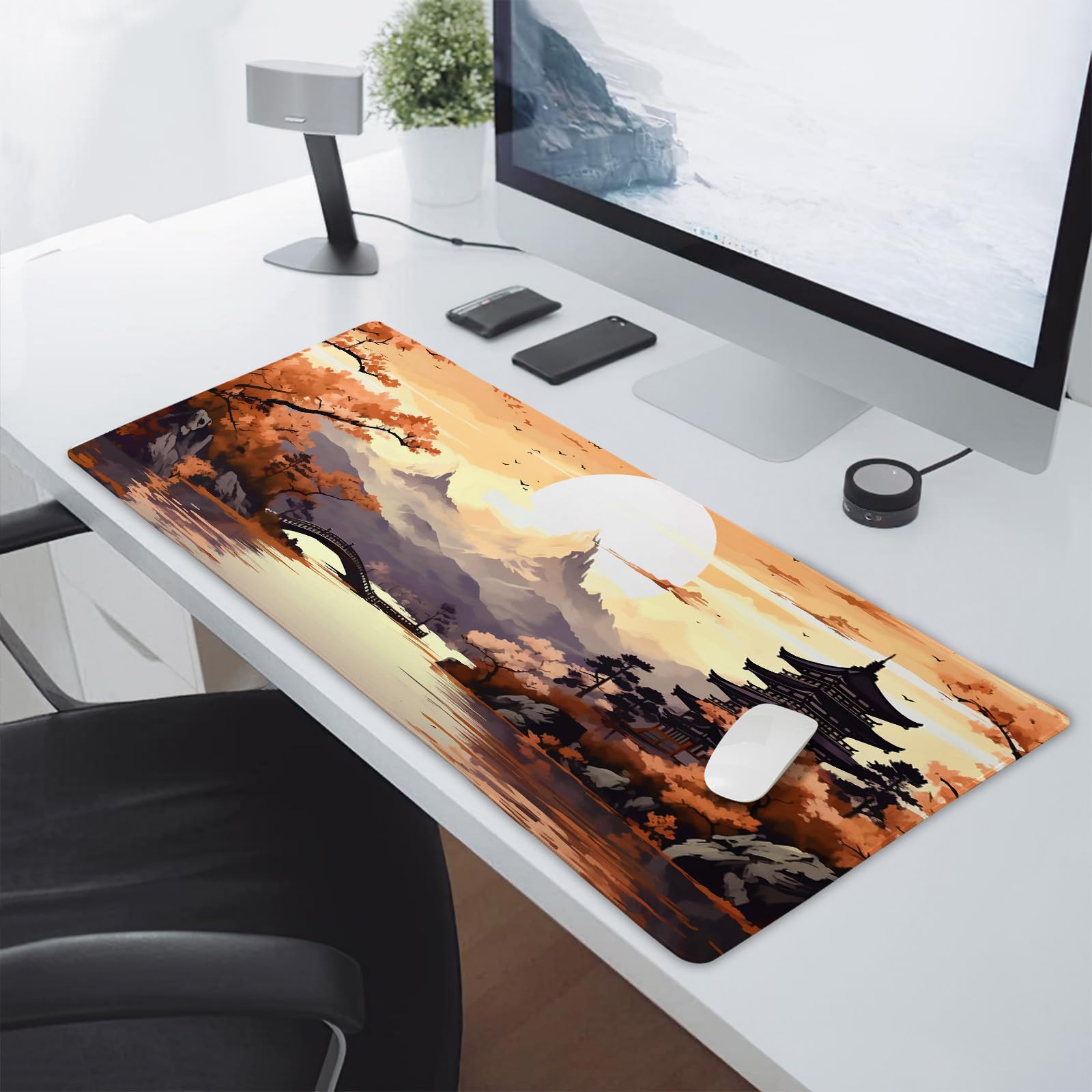Orange Japanese Sakura Gaming Mouse Pad XXL Yellow Cherry Blossom Mountain Aesthetic Large Desk Mat