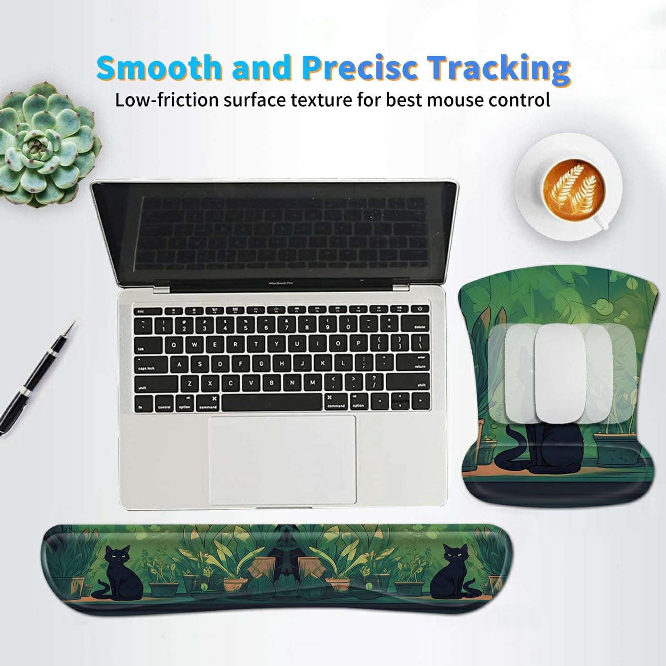 3Pcs Ergonomic Memory Foam Keyboard Wrist Rest Pad Set, Black Cat Leaf