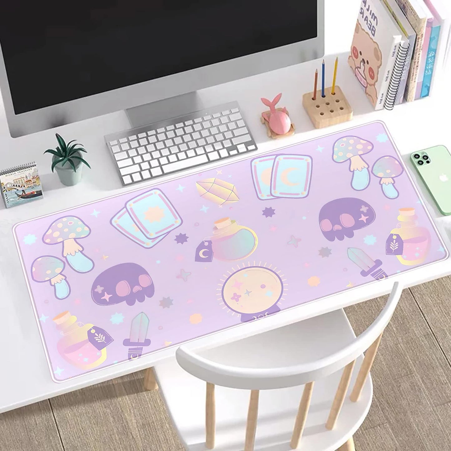 Kawaii Purple Desk Mat,Cute Witchy Elements Mouse Pad, Desk Pad Mystical Goth,XXL Gamig Desktop
