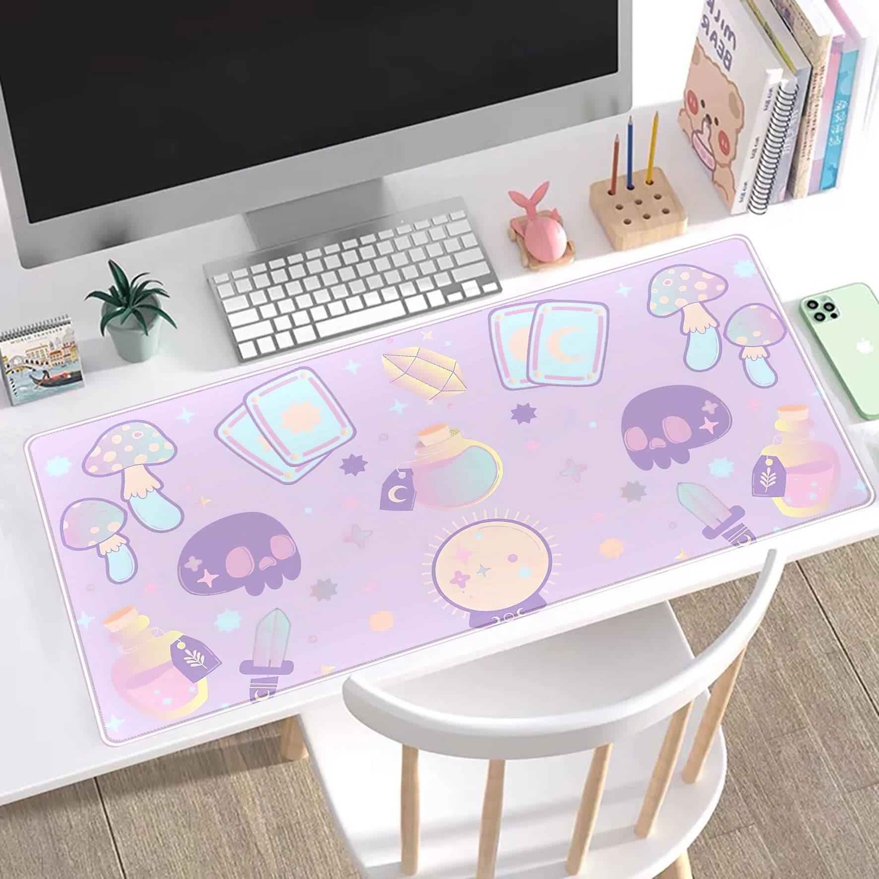 Kawaii Purple Desk Mat,Cute Witchy Elements Mouse Pad, Desk Pad Mystical Goth,XXL Gamig Desktop